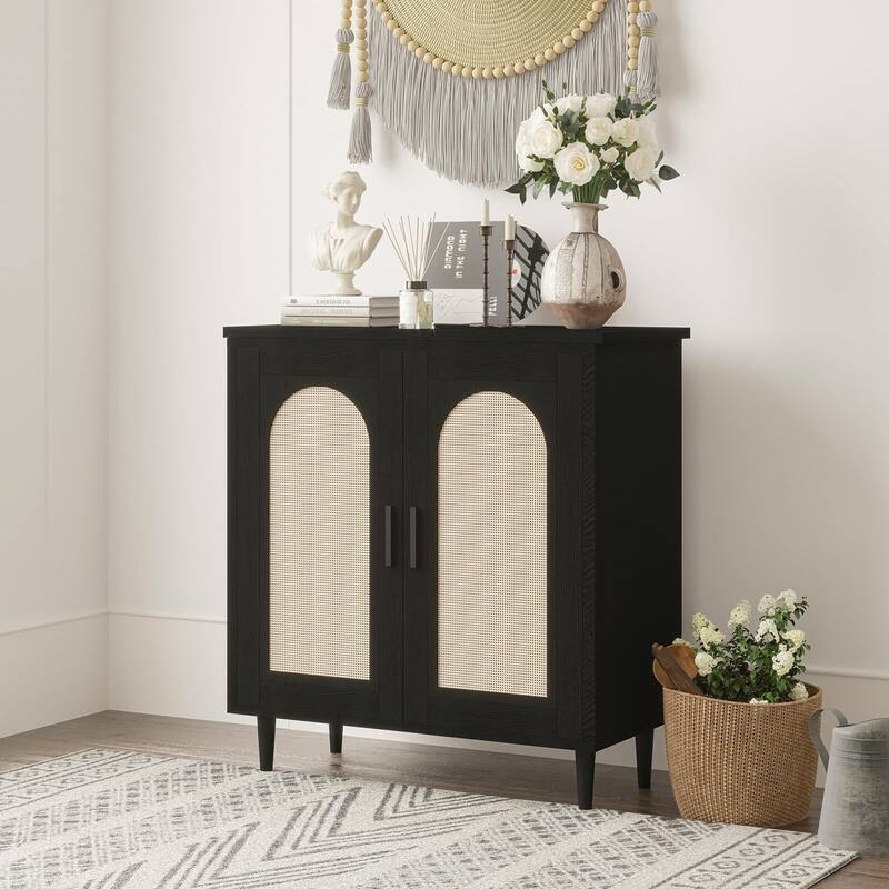 Sideboard Buffet Kitchen Storage Cabinet with Rattan, Solid Wood Feet for Living Room