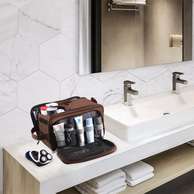PU Leather Toiletry Bag for Men - Water-Resistant Travel Dopp Kit for Grooming, Shaving, Cosmetics & Accessories