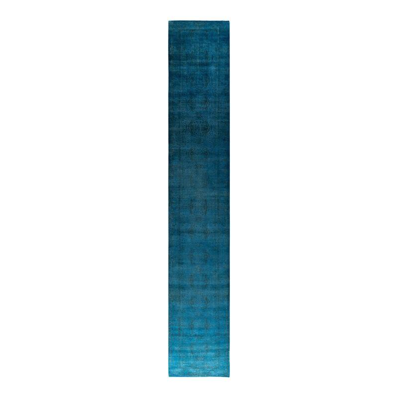 Overton Hand Knotted Wool Vintage Inspired Modern Contemporary Overdyed Blue Runner Rug - 3' 0" x 19' 9"