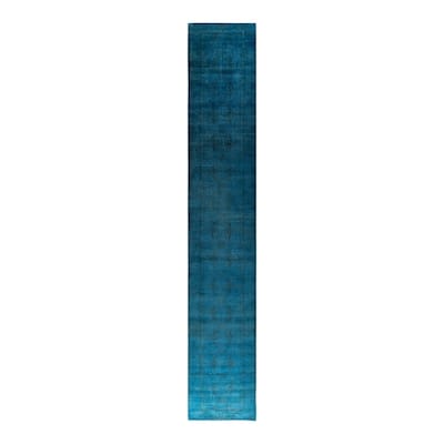 Overton Hand Knotted Wool Vintage Inspired Modern Contemporary Overdyed Blue Runner Rug - 3' 0" x 19' 9"