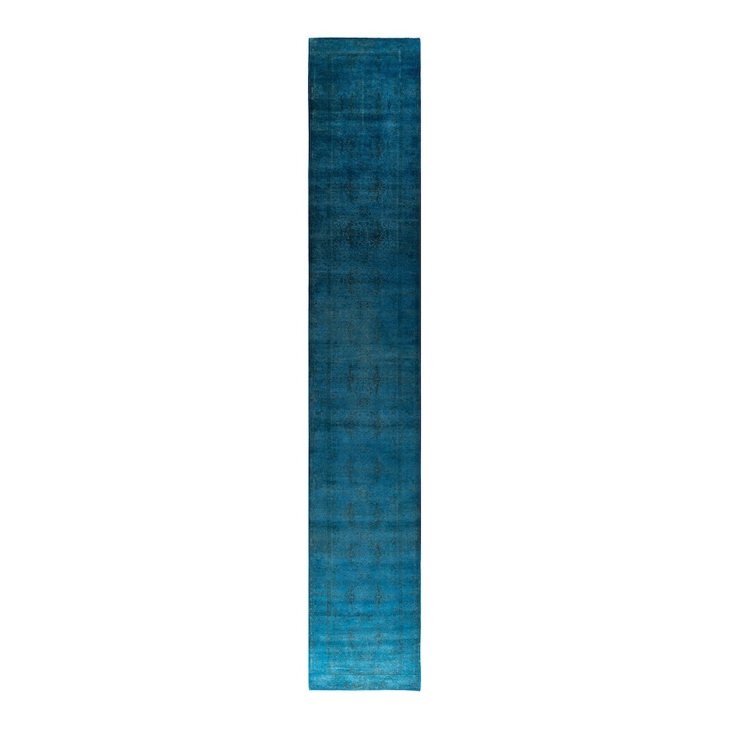 Overton Hand Knotted Wool Vintage Inspired Modern Contemporary Overdyed Blue Runner Rug - 3' 0" x 19' 9"