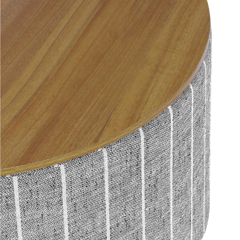 Jena Storage Ottoman, 30 Inch Round Lift Tray Top, Gray Pinstripe