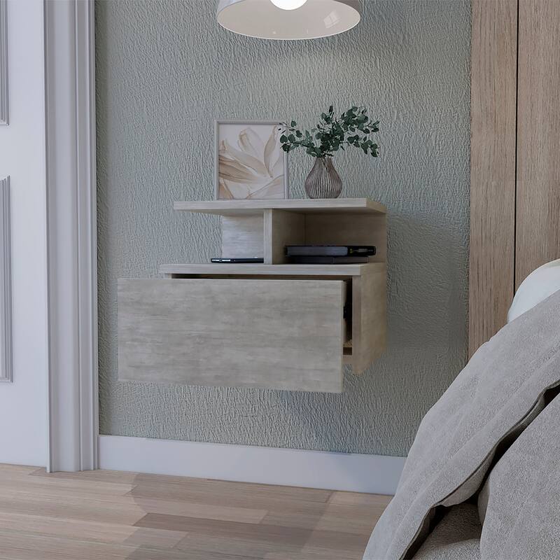 Concrete Gray Floating Nightstand with Drawer and 2-Tier Shelf - Wall-Mounted Side Table