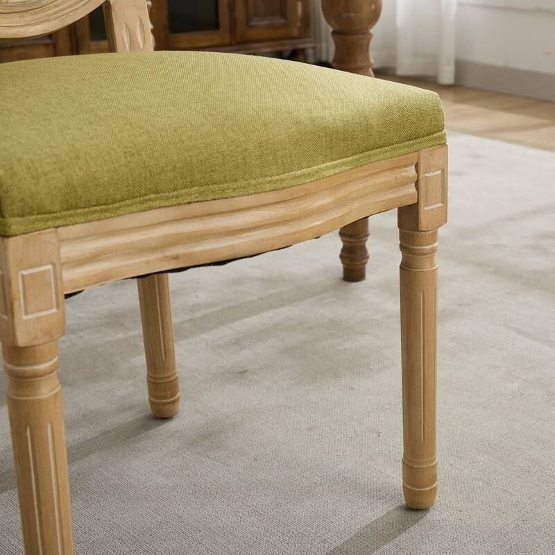 Set of 2 French Linen Upholstered Wood Dining Chairs with Rattan Back