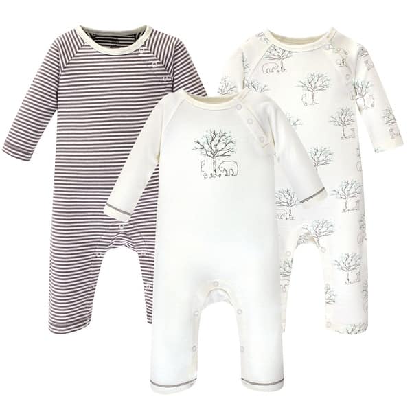 slide 1 of 1, Touched by Nature Baby Organic Cotton Coveralls 3pk, Birch Tree 0 - 3 Months - White/Grey