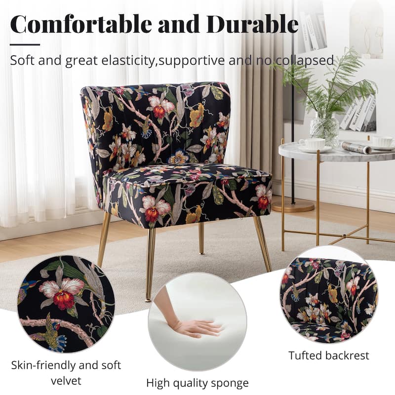 Velvet Floral Accent Chair (Set of 2) with Gold Legs, Modern Comfy Tufted Side Chair for Living Room/Bedroom