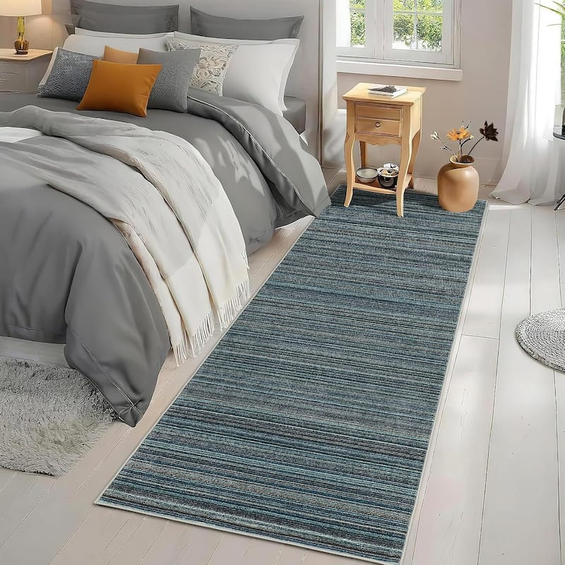 Modern Stripe Machine Washable Area Rug for Bedroom, Living Room, Blue - 1'6" x 2'6"