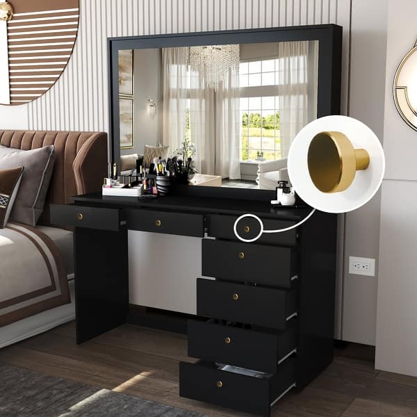 black mirrored dressing table Boahaus Joan Modern Vanity Table, Black, Wide Mirror, 07 Drawers - Bed Bath & Beyond Round mirror matches round dressing table under 5000 Gold Happy New Year Size:12W