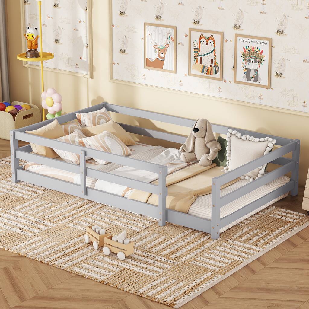 GDF Studio - Helton Montessori Wooden Floor Bed with Fence for Kids