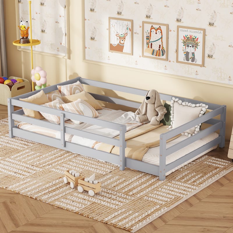 Toddler Montessori Bed Kids Floor Bed Frame with Fences, No Slats Wood Frame Bed for Kids Girls Boys Children's Room - Grey - Twin