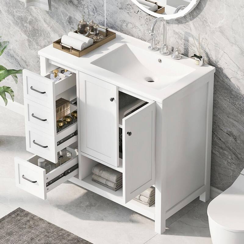 36" Bathroom Vanity - Sink Top, Two Doors, Two Drawers, and Open Shelf - White