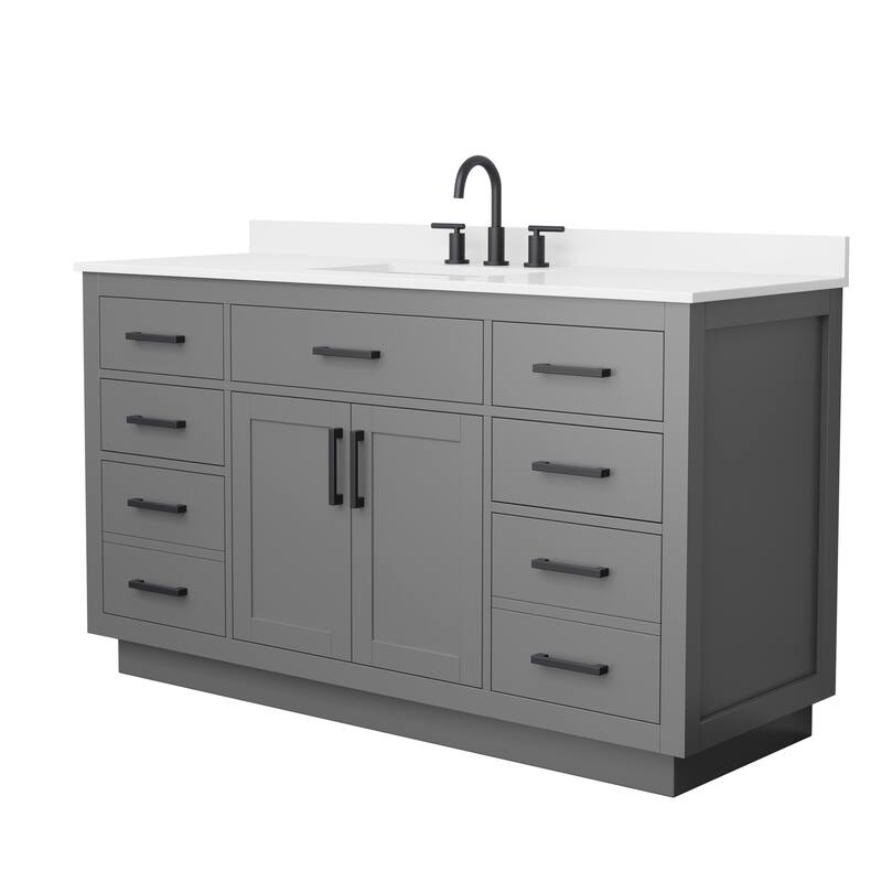 Beckett TK 60-inch Single Vanity, 3 Hole Quartz Top - Dark Gray, Black Trim, White Quartz Top