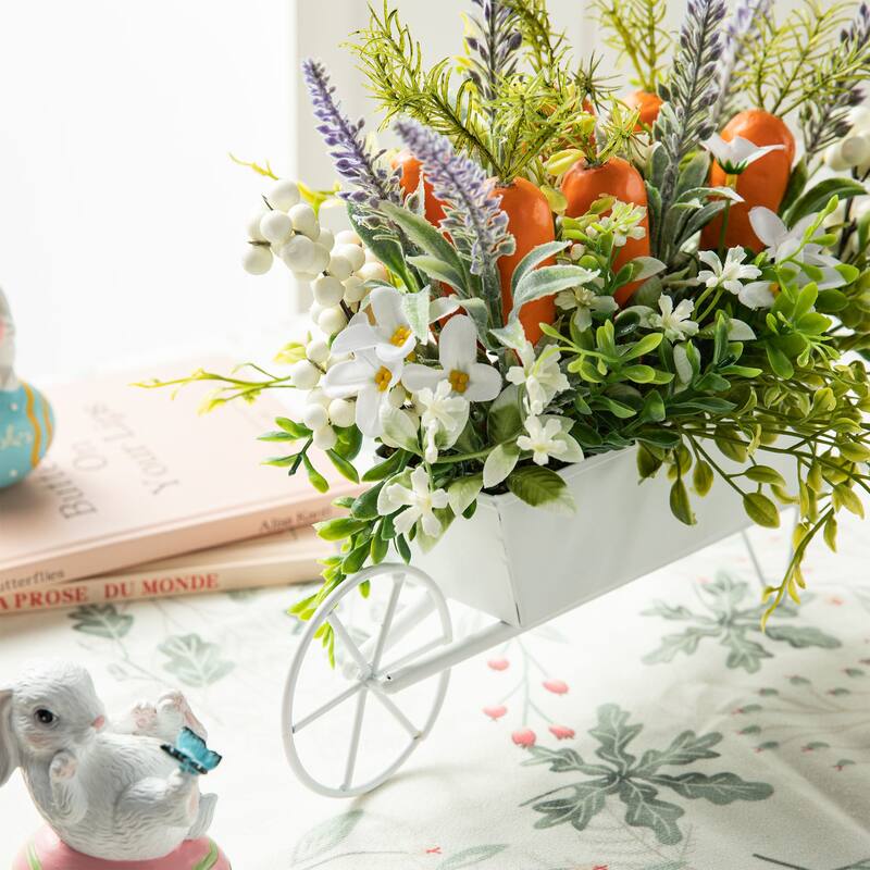 Glitzhome 12.5"L Easter Carrot Floral Wreath in Metal Wagon Centerpiece Table Decor
