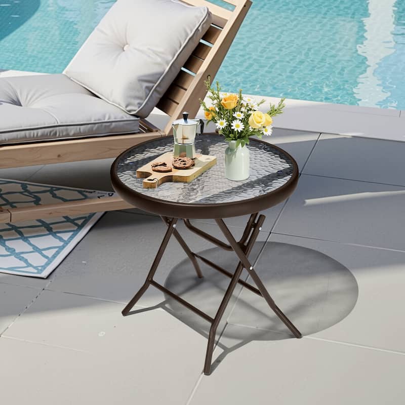 Outdoor Patio Folding Round Table Tempered Glass Top