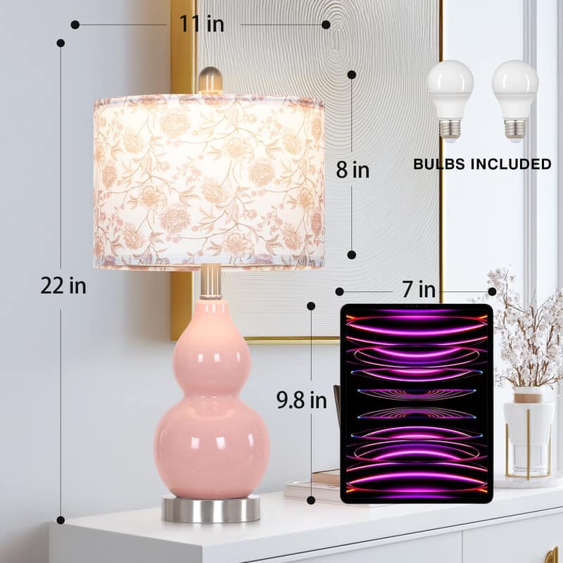 22'' Table Lamps, Pink Ceramic Fixture 2-Way Rotary Switch Floral Print Shade(Set of 2) - 11'' x 11'' x 22''
