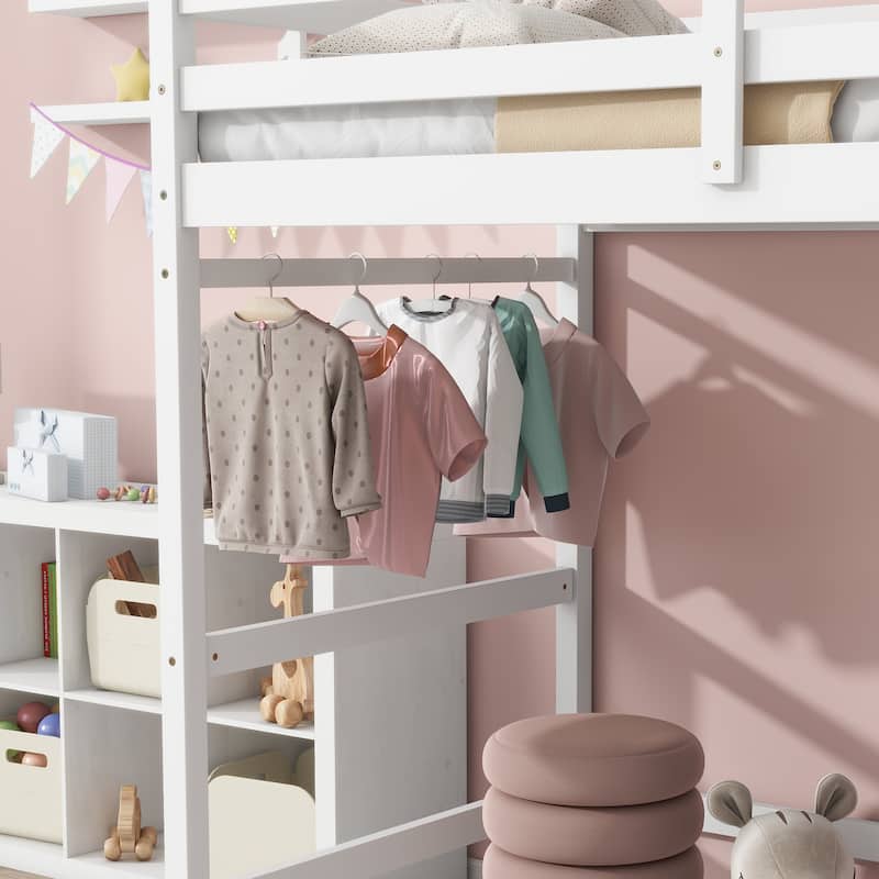 Twin Size Pine Wood High Loft Bed with Ladder