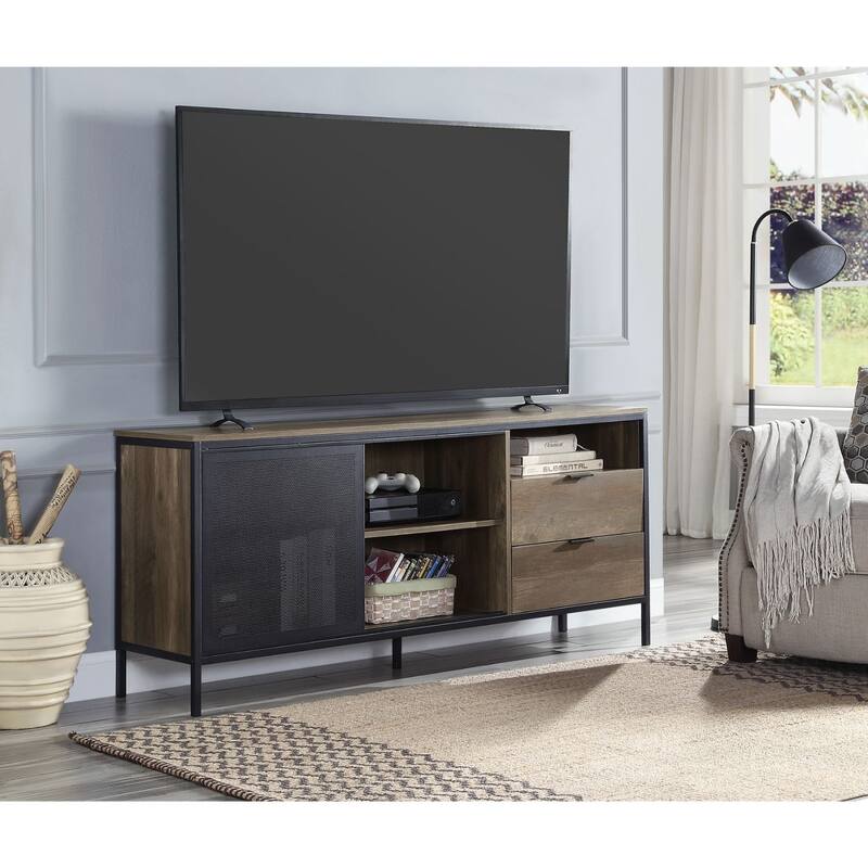 2 Drawers and 5 Open Compartments TV Stand in Rustic Oak and Black Finish