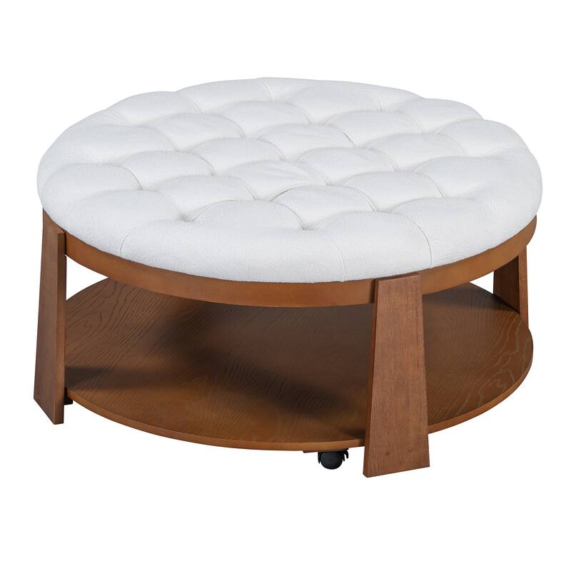 Anmytek 2 Tier Modern Large Round Tufted Ottoman Coffee Table Waterproof Linen Wood Storage Shelf With Wheels