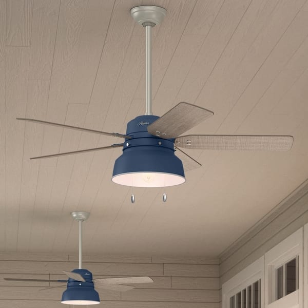 slide 2 of 27, Hunter 52" Mill Valley Outdoor Ceiling Fan with LED Light Kit and Pull Chain - Farmhouse, Industrial, Rustic - DAMP RATED! Indigo Blue