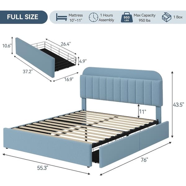 dimension image slide 8 of 9, Bed Frame for Kids, Upholstered Platform Bed for Boys with 2 Flexible Drawers
