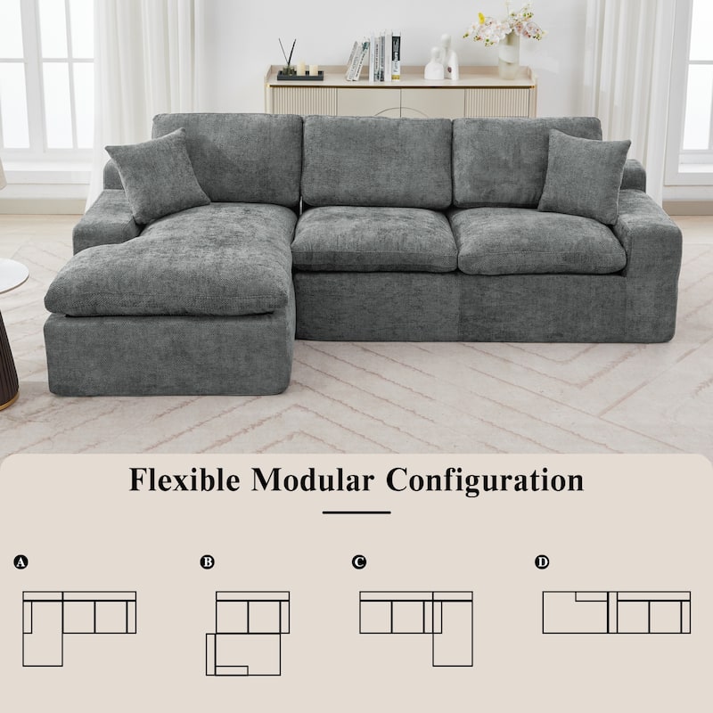 107.9" Grey Upholstered Sectional Sofa, Double-layer Cushions, Side Pockets & Throws, Free-combined for Living Room