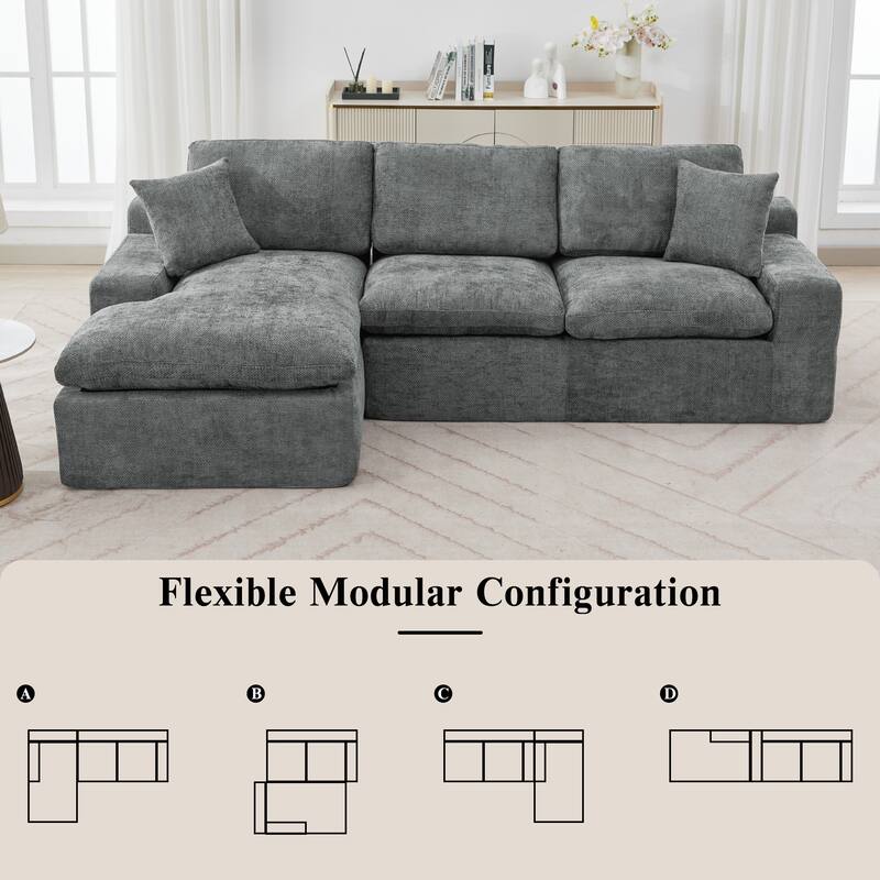L-Shape Cloud Sectional Sofa with Chaise, Chenille Modular Boneless Upholstered Couche, Full-Compressed Sofa with Side Pockets