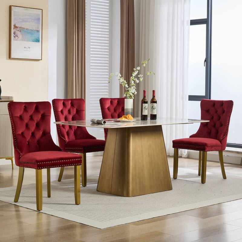 Velvet Dining Chairs Set of 2, Tufted Dining Chairs with Nailhead Trim, Kitchen Chairs with Lion Head Pulls Ring & Wooden Legs