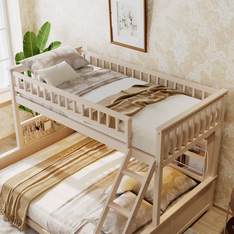 Full XL over Queen/Full over Full Bunk Bed with Integrated Shelving, Color-Changing Lights & Pegboard