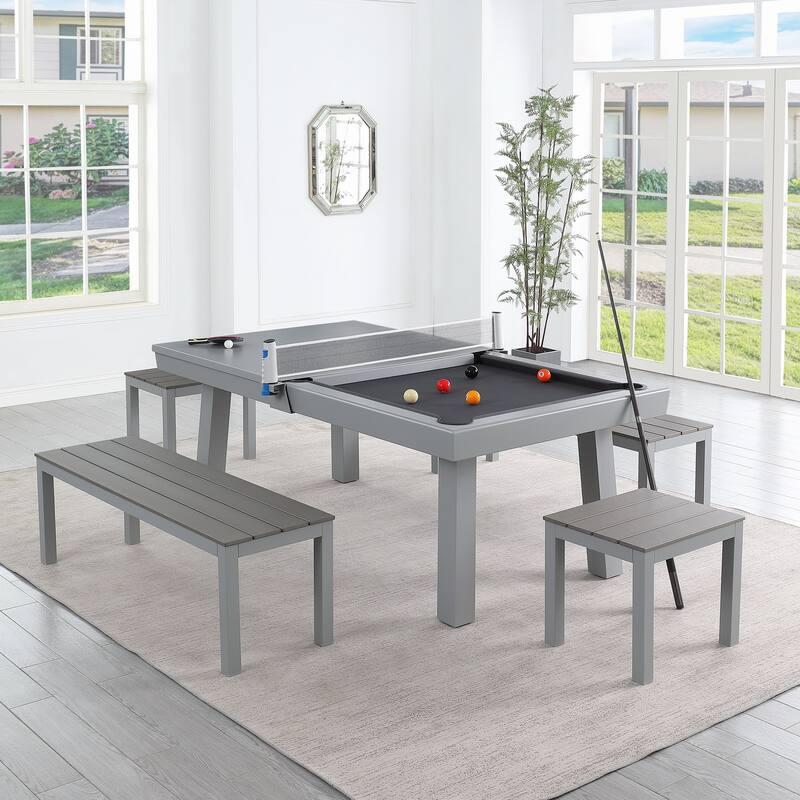 Laguna Indoor/Outdoor 8ft Slate Pool Table 6-Seater Dining Set with 4 Benches & Accessories, Cement Finish - Grey