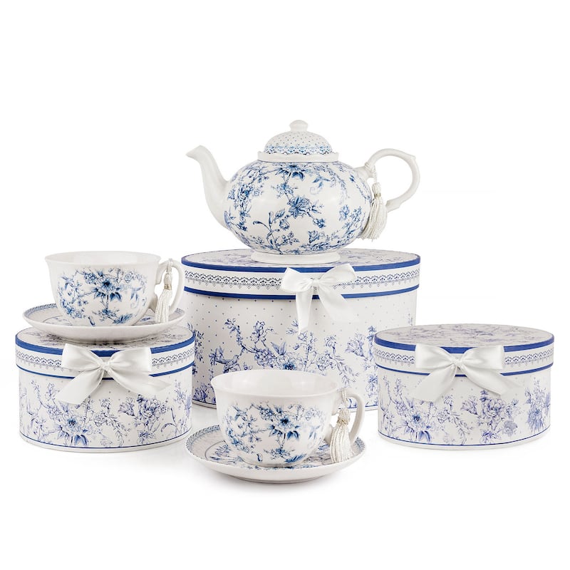 STP Goods Blue Flowers Bone China Tea Set for 2. in Gift Box