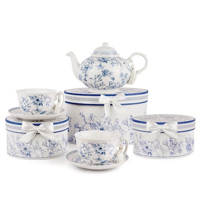 STP Goods Blue Flowers Bone China Tea Set for 2. in Gift Box