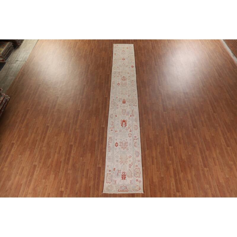 Hand Knotted Oriental 100% Wool Carpet Transitional All-Over Beige & Ivories Oushak Runner Rug - 17' 7'' X 2' 5''