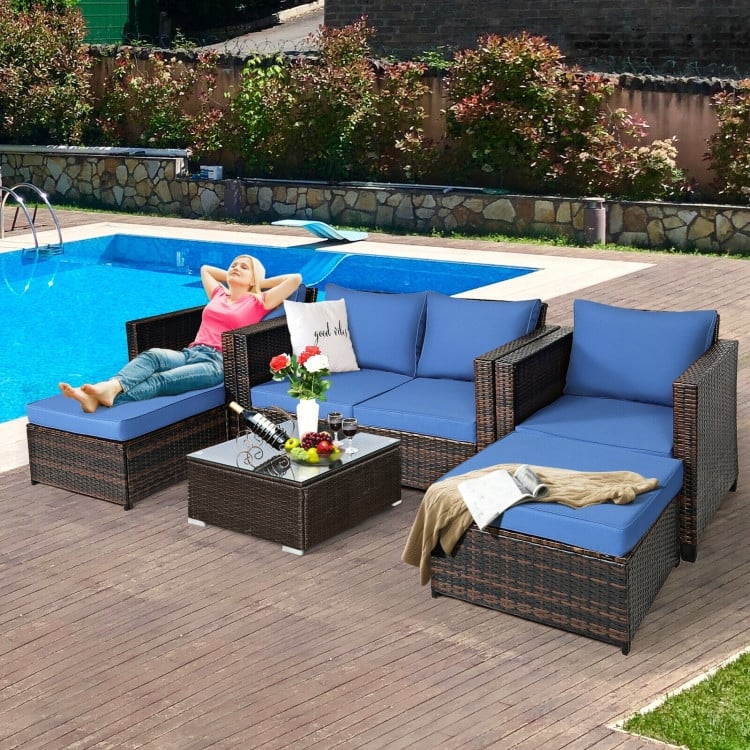 5 Pieces Patio Cushioned Rattan Furniture Set - 50" x 30.5" x 29" (L x W x H)