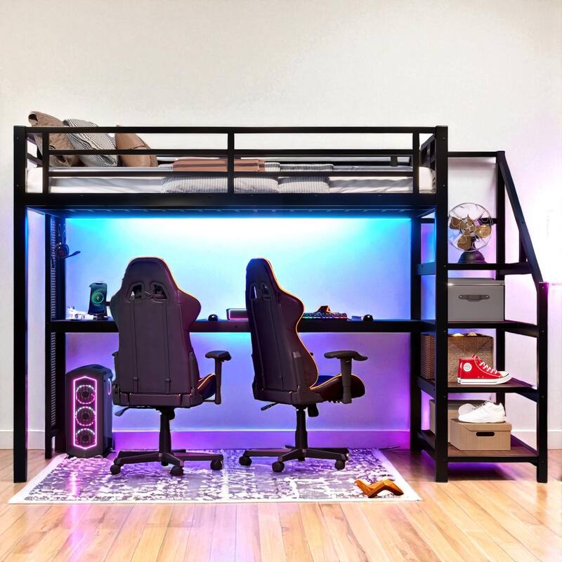 Full/Queen Size Metal Loft Bed with Desk, Storage Stairs, LED Lights, USB Ports and Pegboard, No Box Spring Needed