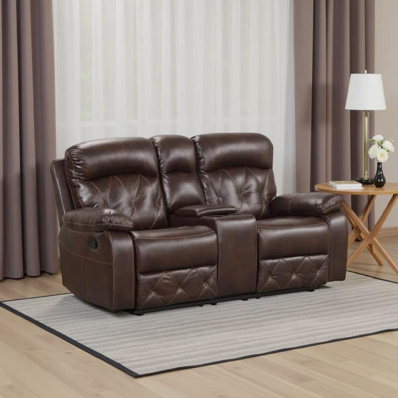 Kesy Manual Recliner Loveseat, Pillow Top Arms, Brown Faux Leather