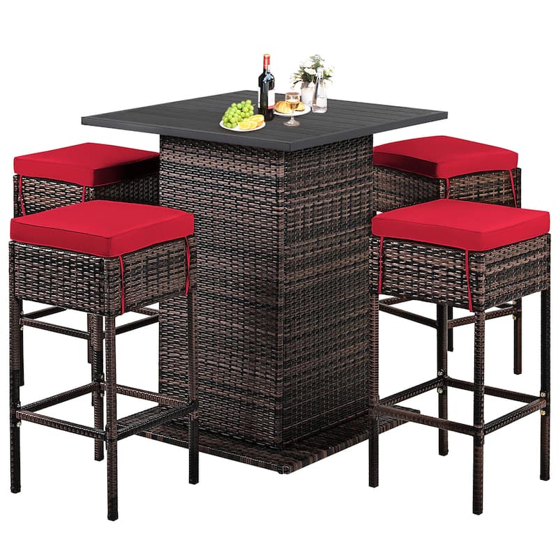5 PCS Outdoor Rattan Bar Set Patio Bar Furniture with Cushions Stools - Red