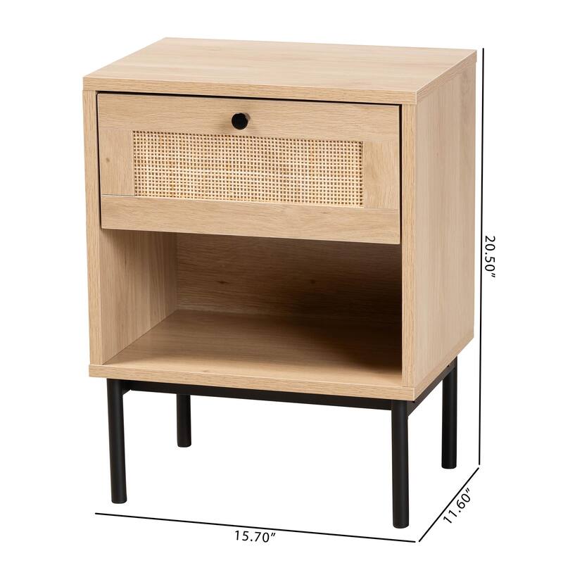 Sherwin Mid-Century Modern Light Brown and Black 1-Drawer End Table with Woven Rattan Accent