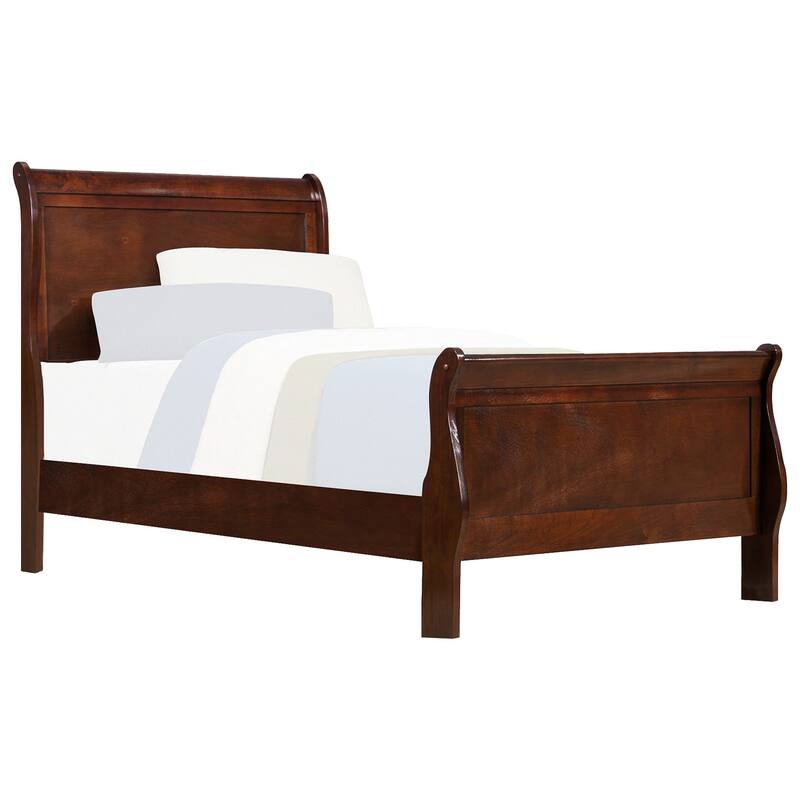 Classic Twin Size Sleigh Bed in Brown Cherry Finish, Traditional Design Bedroom Furniture