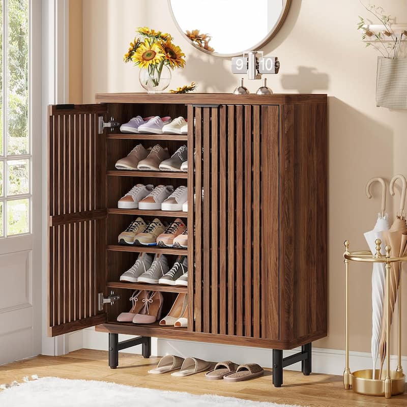 Wooden Shoe Cabinet with Shutter Doors, Adjustable Shelves Large Hidden Storage Organizer Rack for Entryway Hallway - Brown
