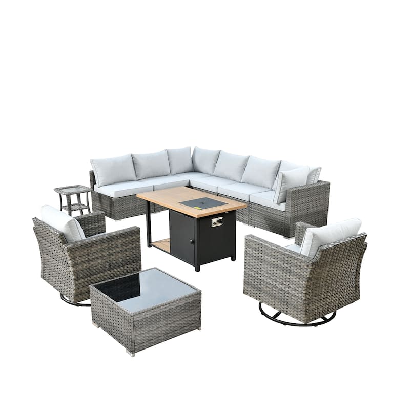 XIZZI 11-piece Outdoor Wicker Furniture Patio Swivel Chair Set with Firepit Table