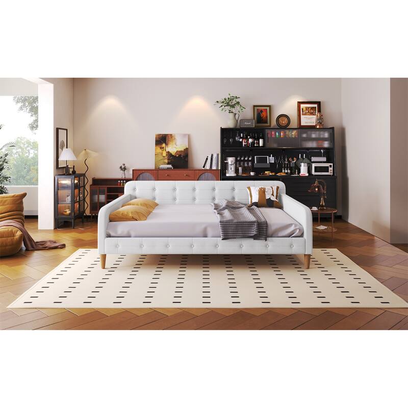 Roomfitters Full Size Upholstered Daybed, Mid-Century Modern Fabric Sleeper Sofa Bed with Tapered Wood Legs, Beige