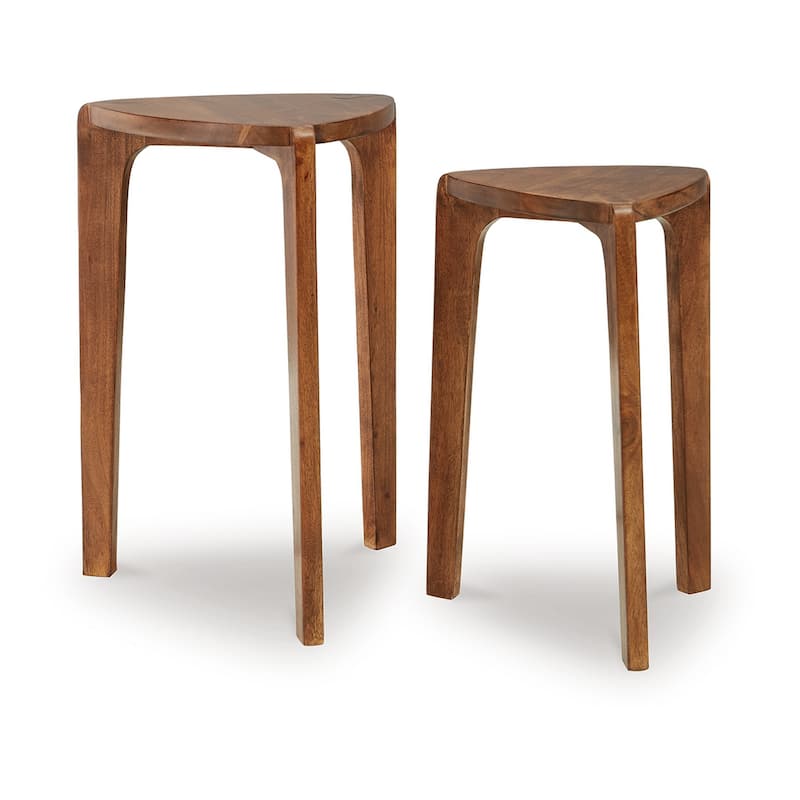 Nesting Accent Table Set of 2, Brown Solid Mango Wood Triangular Shape