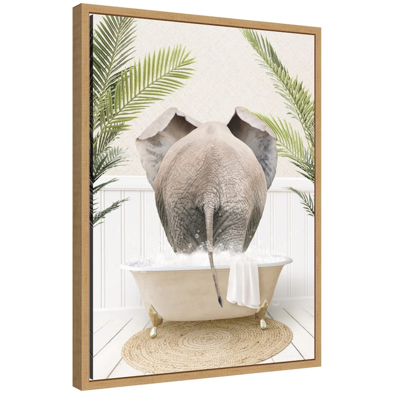Kate and Laurel Sylvie Elephant Back in Palm Bathtub Framed Canvas by Amy Peterson - Natural