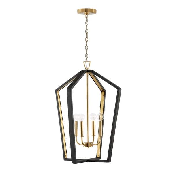 slide 2 of 13, Maren 4-light Pendant w/ Handcrafted Mango Wood Flat Black/ Matte Brass