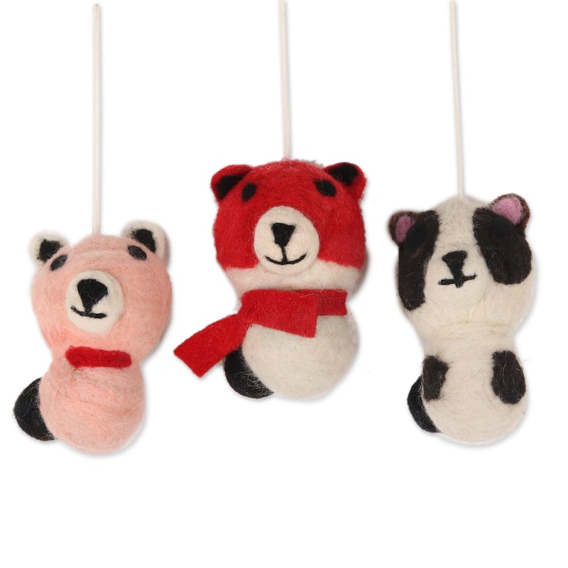 Novica Handmade Panda Charm Wool Felt Ornaments (Set Of 3)