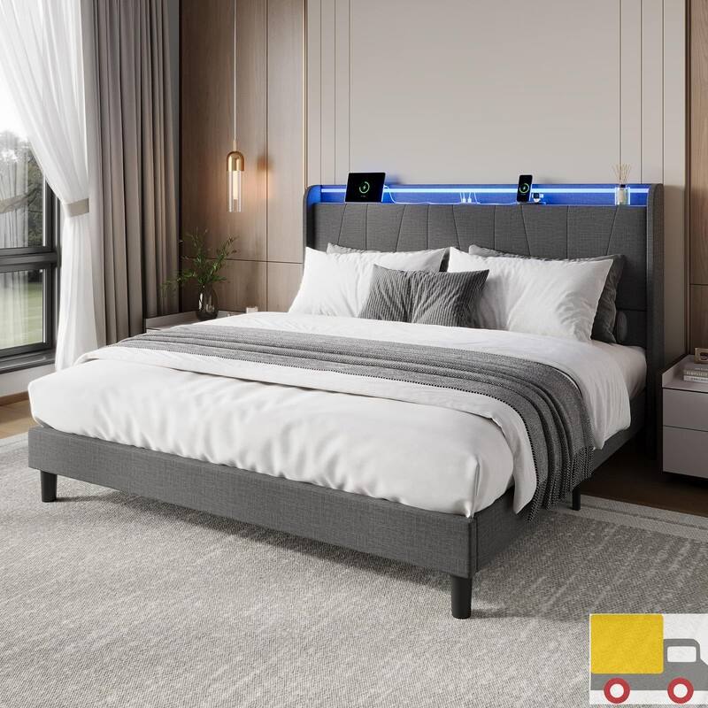 Upholstered Platform Bed with Charging Ports & LED Lights - King - Grey