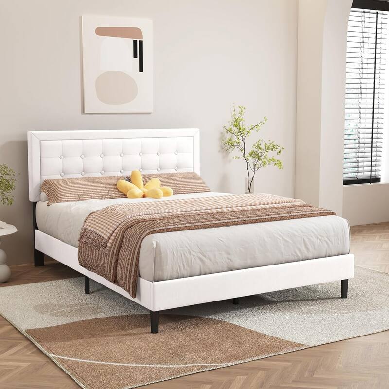 alazyhome Upholstered Platform Bed Frame with Button Tufting Headboard