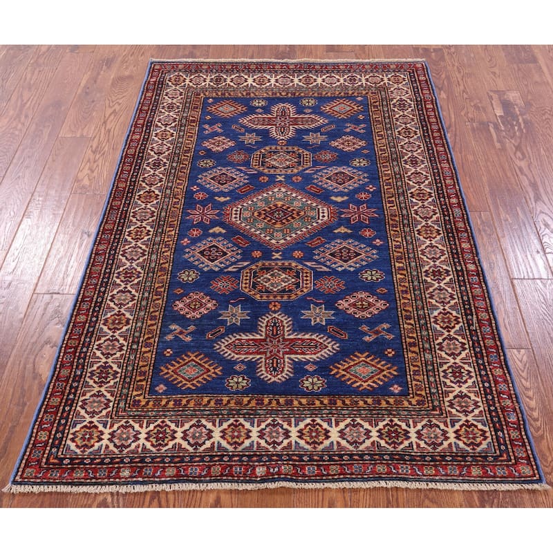 Golden Nile Blue Super Kazak Hand Knotted Wool Rug - 4' 0" X 5' 10"