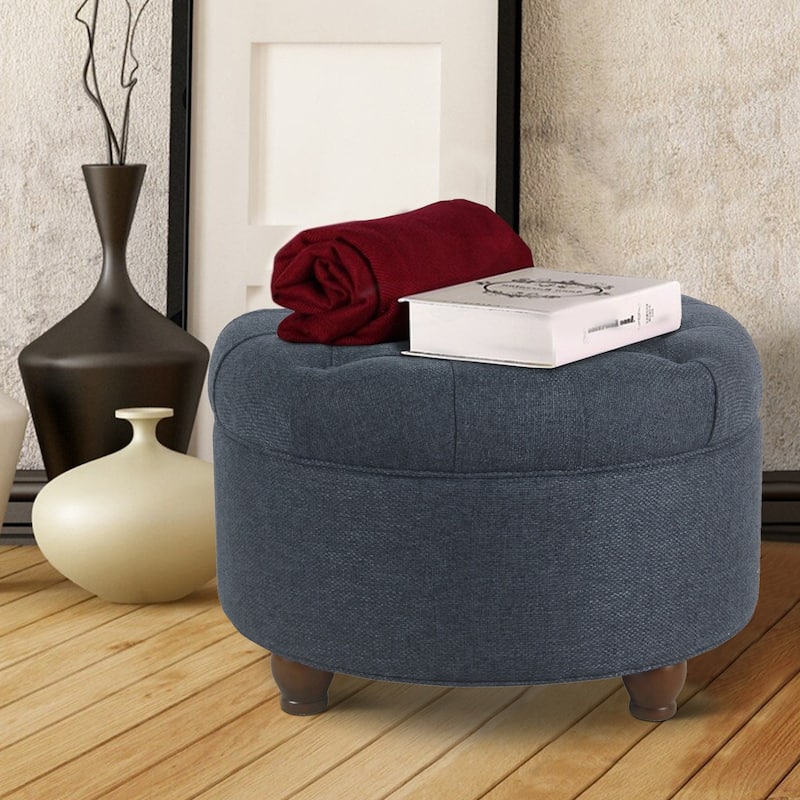 Fabric Upholstered Wooden Ottoman with Tufted Lift Off Lid Storage, Navy Blue