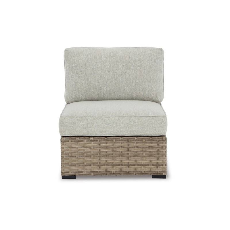 Walter 34 Inch Outdoor Armless Chair Set of 2, Wicker, Beige Fabric Cushion
